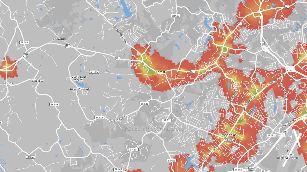 Walk Grade map of 24551, VA, walkable areas in green and car-dependent areas in red