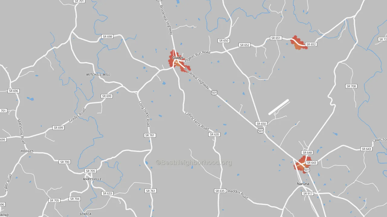 Walk Grade map of 24554, VA, walkable areas in green and car-dependent areas in red