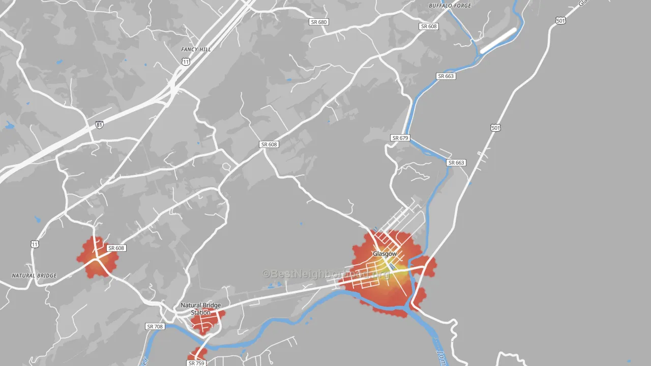 Walk Grade map of 24555, VA, walkable areas in green and car-dependent areas in red