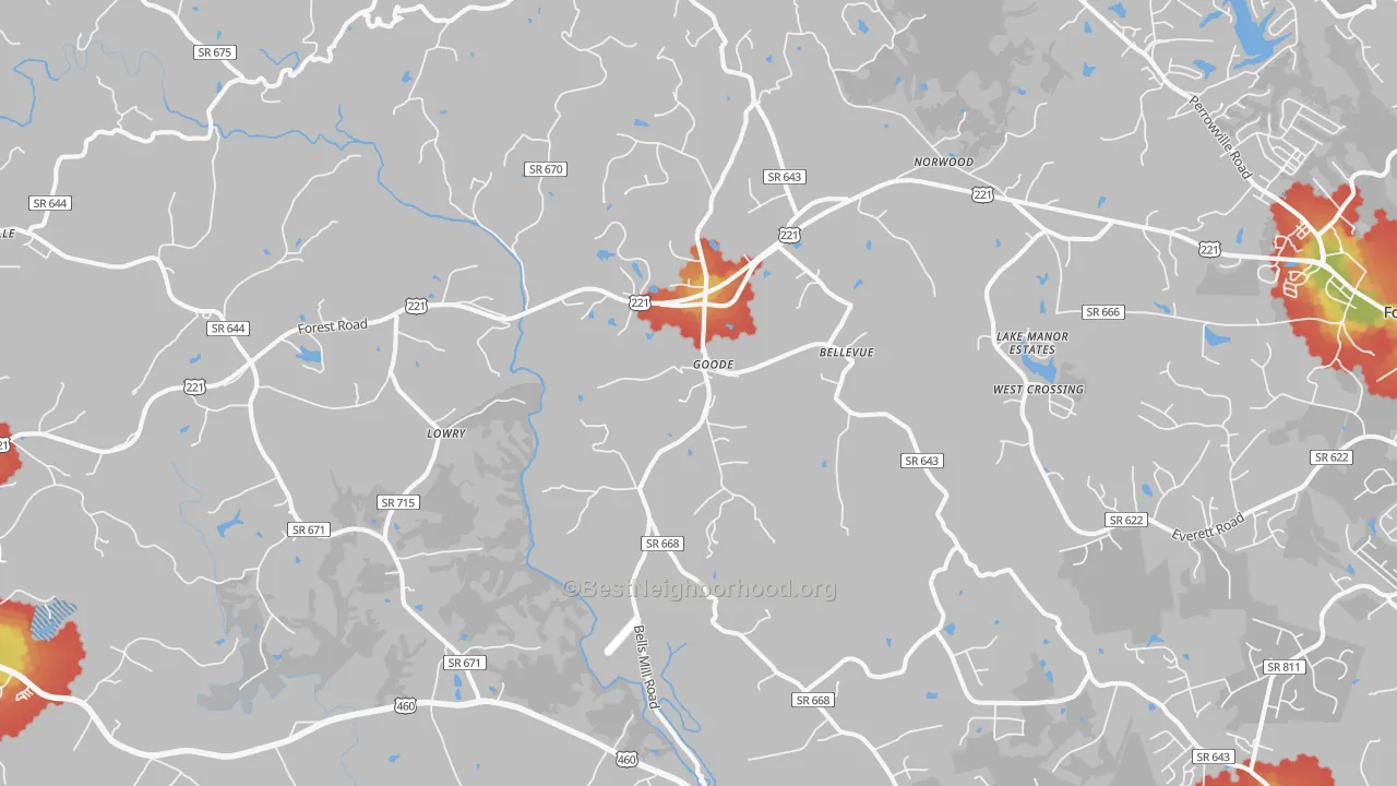 Walk Grade map of 24556, VA, walkable areas in green and car-dependent areas in red