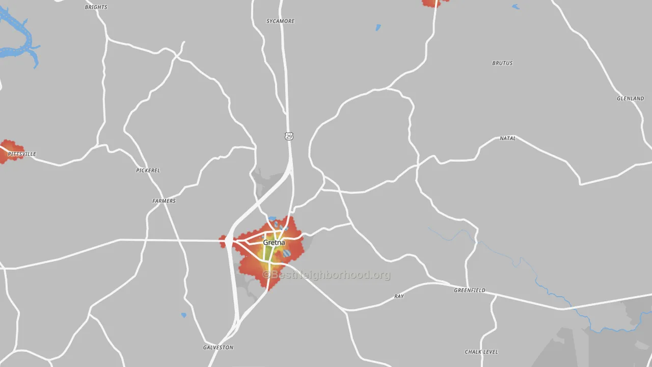 Walk Grade map of 24557, VA, walkable areas in green and car-dependent areas in red