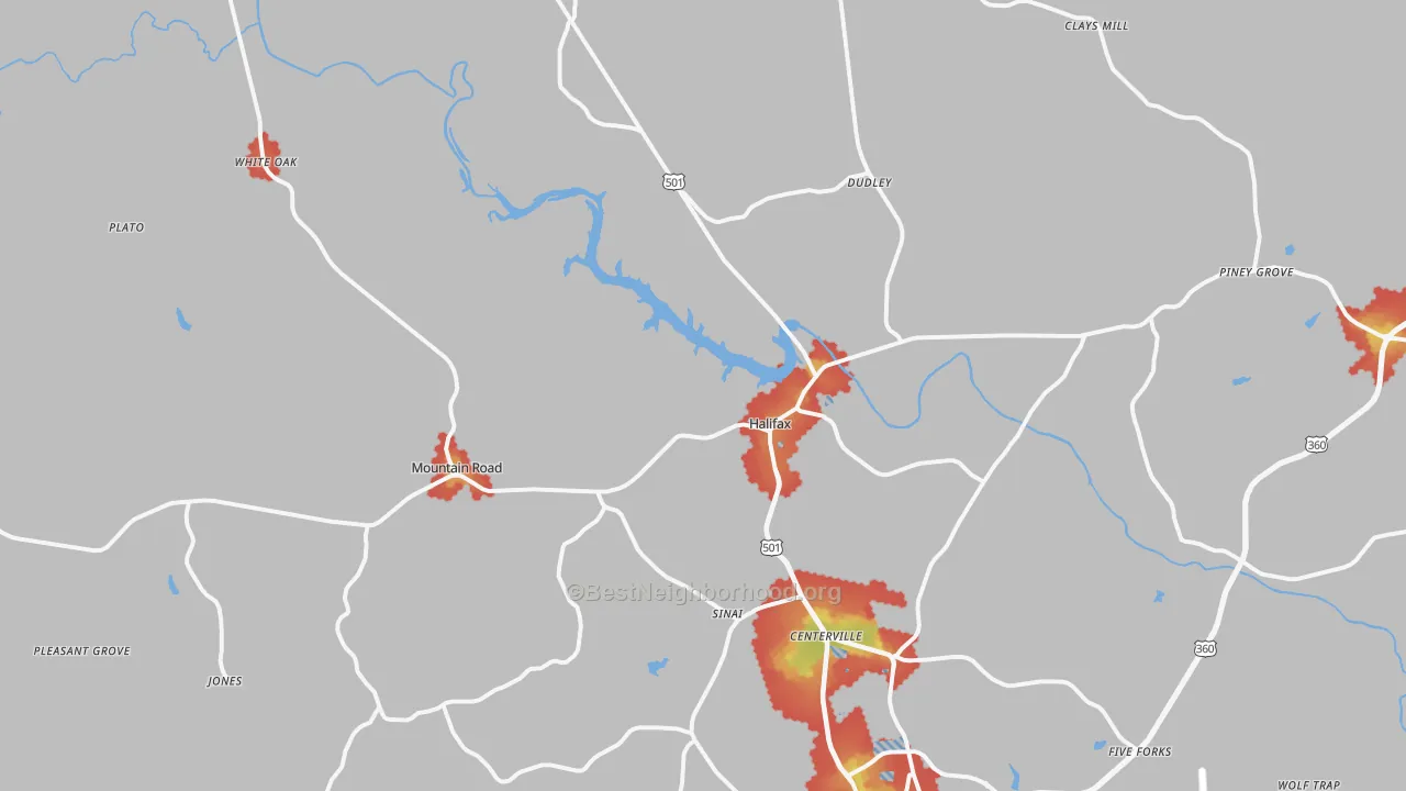 Walk Grade map of 24558, VA, walkable areas in green and car-dependent areas in red