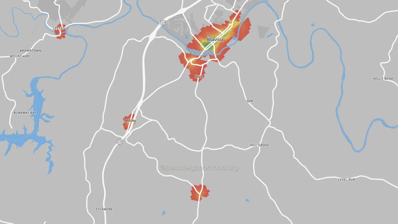 Walk Grade map of 24563, VA, walkable areas in green and car-dependent areas in red