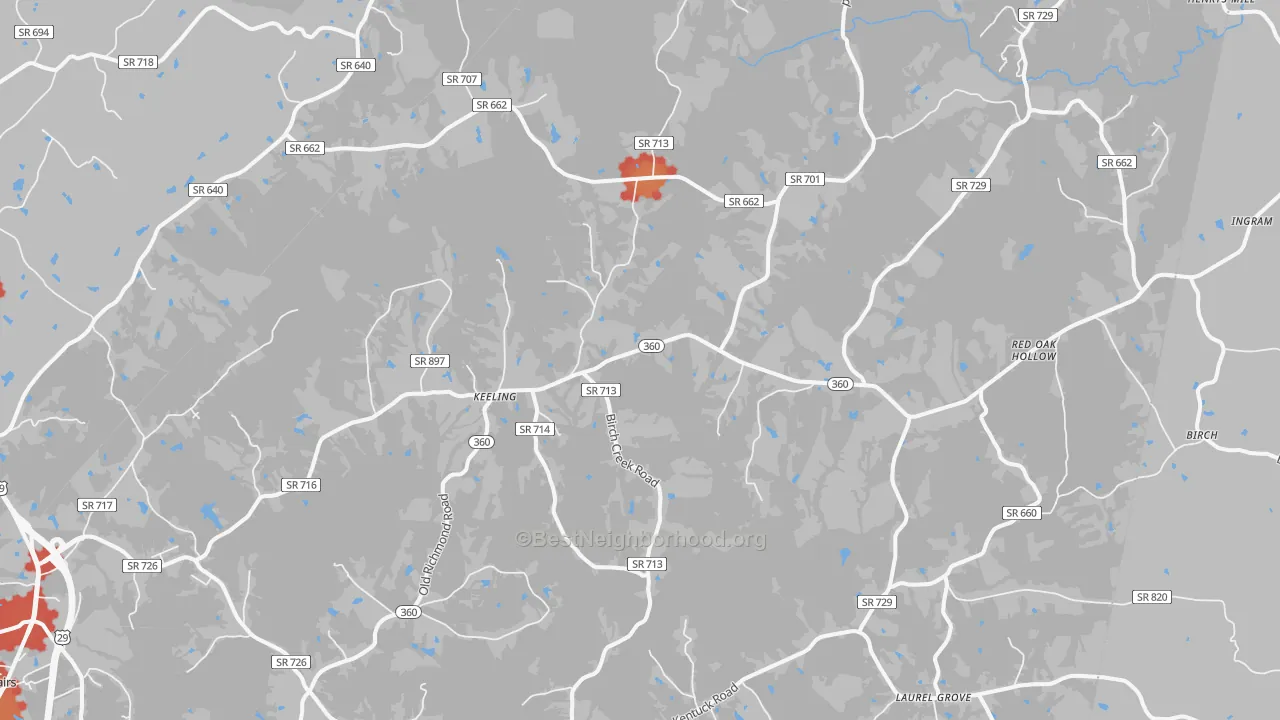 Walk Grade map of 24566, VA, walkable areas in green and car-dependent areas in red