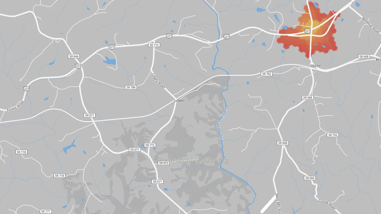Walk Grade map of 24570, VA, walkable areas in green and car-dependent areas in red