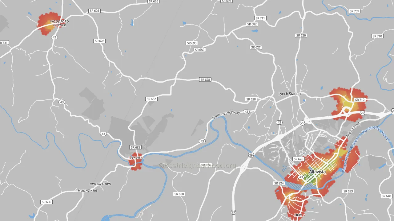 Walk Grade map of 24571, VA, walkable areas in green and car-dependent areas in red