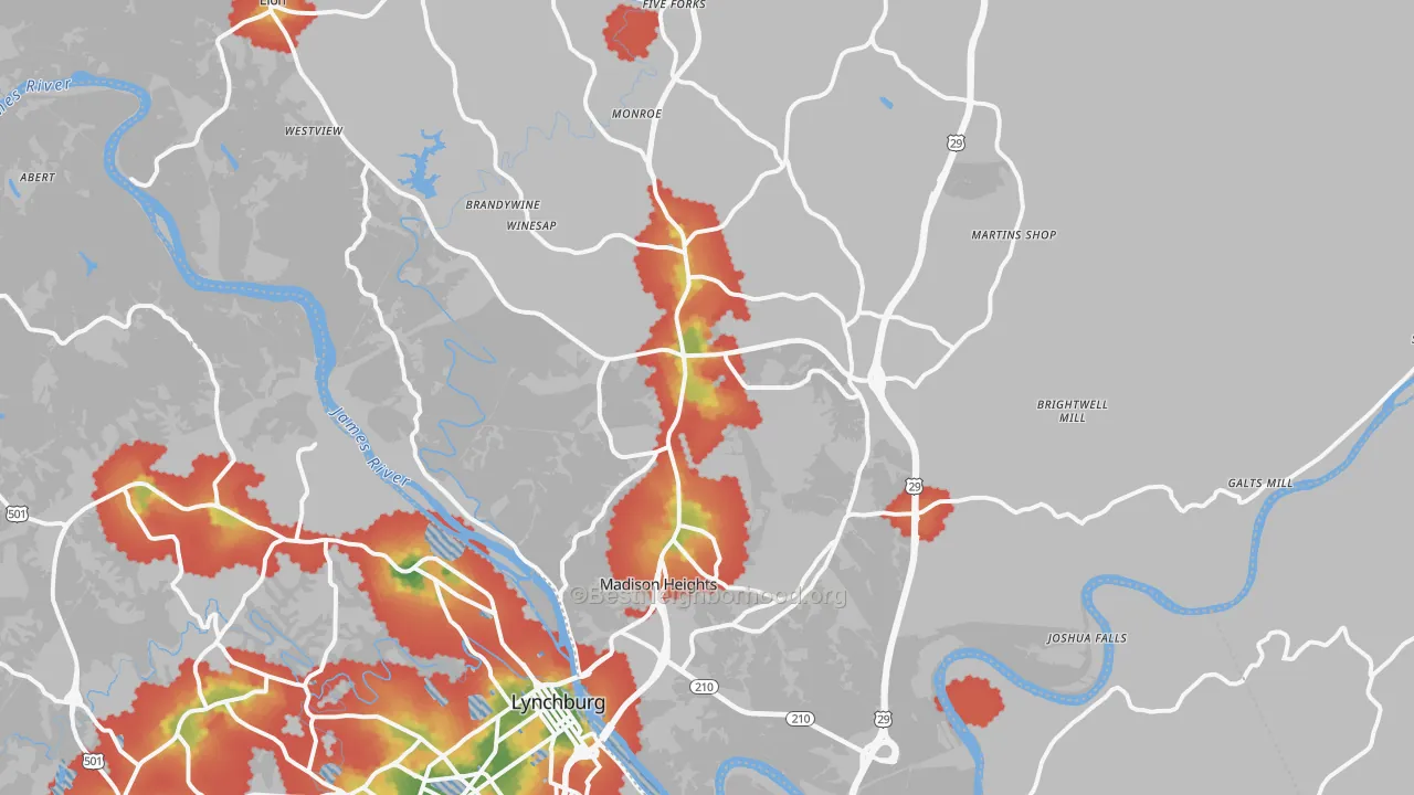 Walk Grade map of 24572, VA, walkable areas in green and car-dependent areas in red