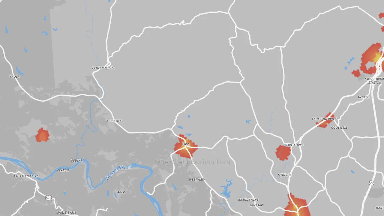 Walk Grade map of 24574, VA, walkable areas in green and car-dependent areas in red