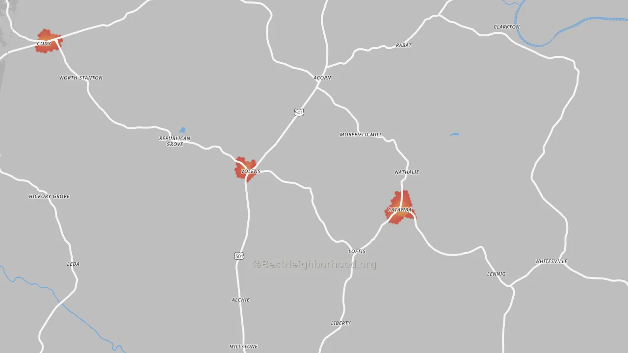 Walk Grade map of 24577, VA, walkable areas in green and car-dependent areas in red