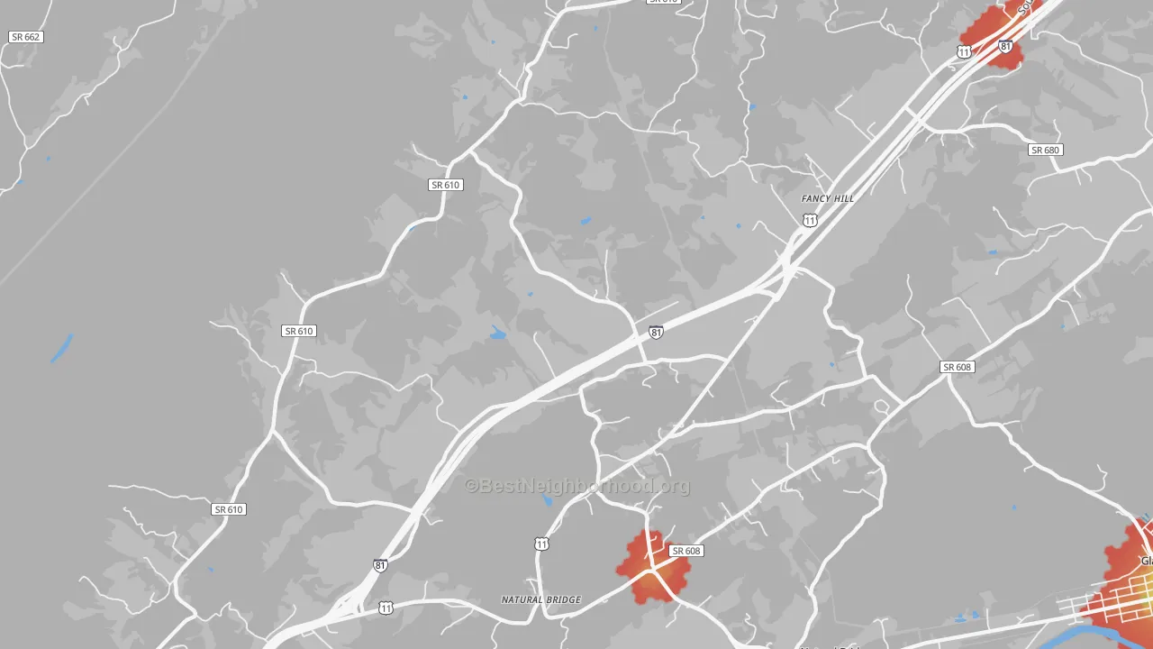 Walk Grade map of 24578, VA, walkable areas in green and car-dependent areas in red
