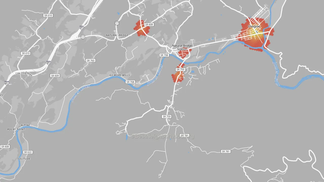 Walk Grade map of 24579, VA, walkable areas in green and car-dependent areas in red
