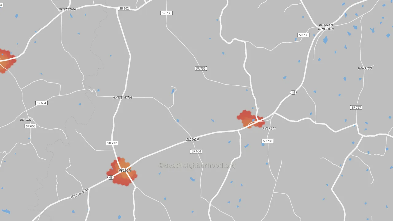 Walk Grade map of 24580, VA, walkable areas in green and car-dependent areas in red