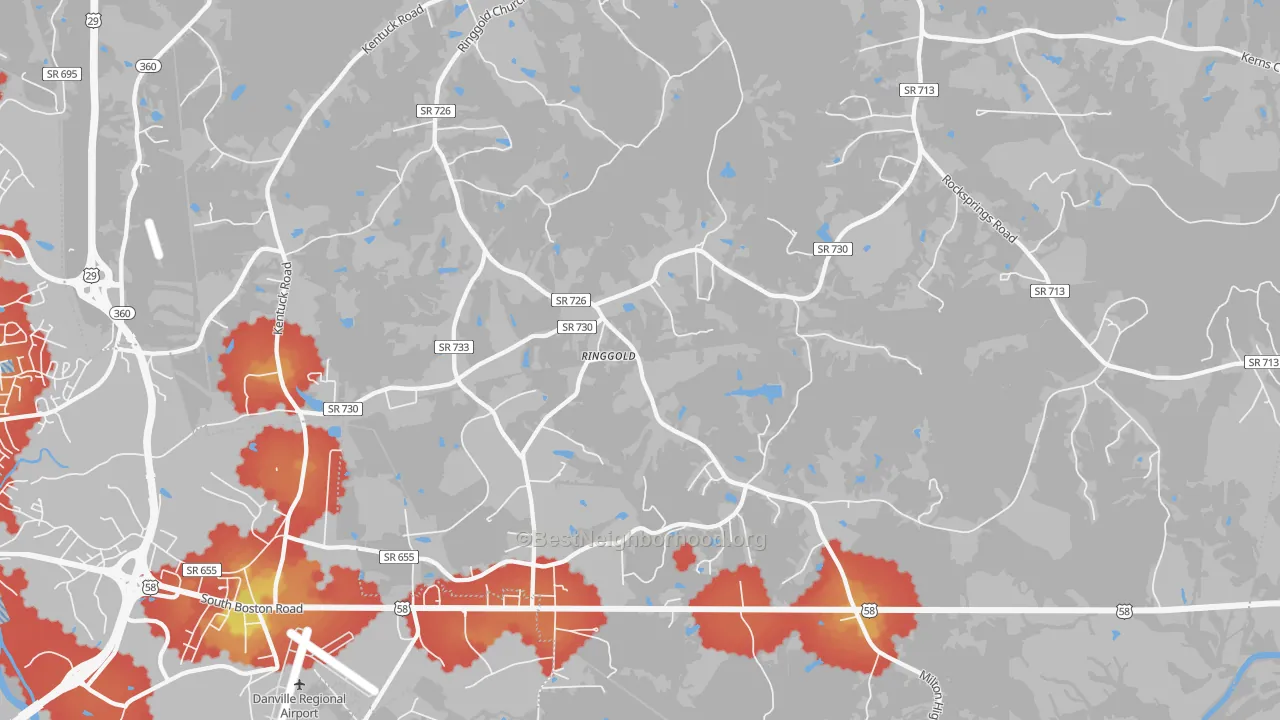 Walk Grade map of 24586, VA, walkable areas in green and car-dependent areas in red