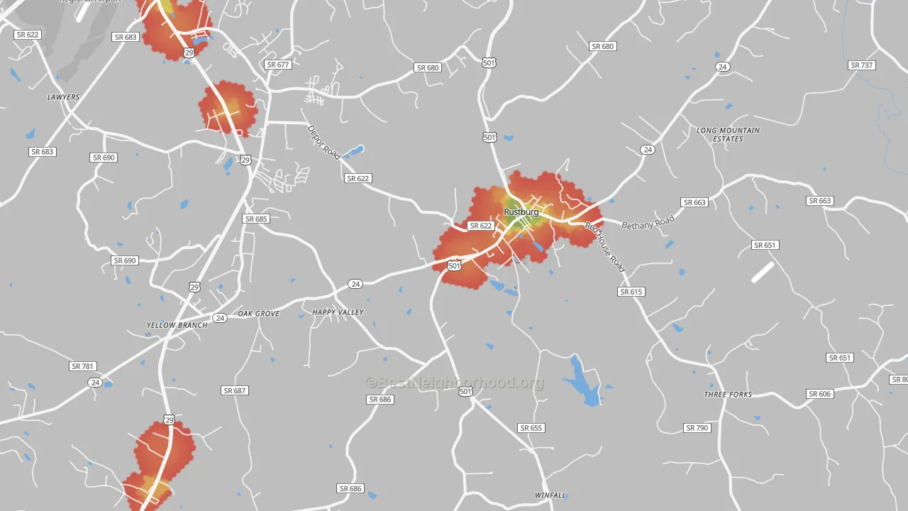 Walk Grade map of 24588, VA, walkable areas in green and car-dependent areas in red