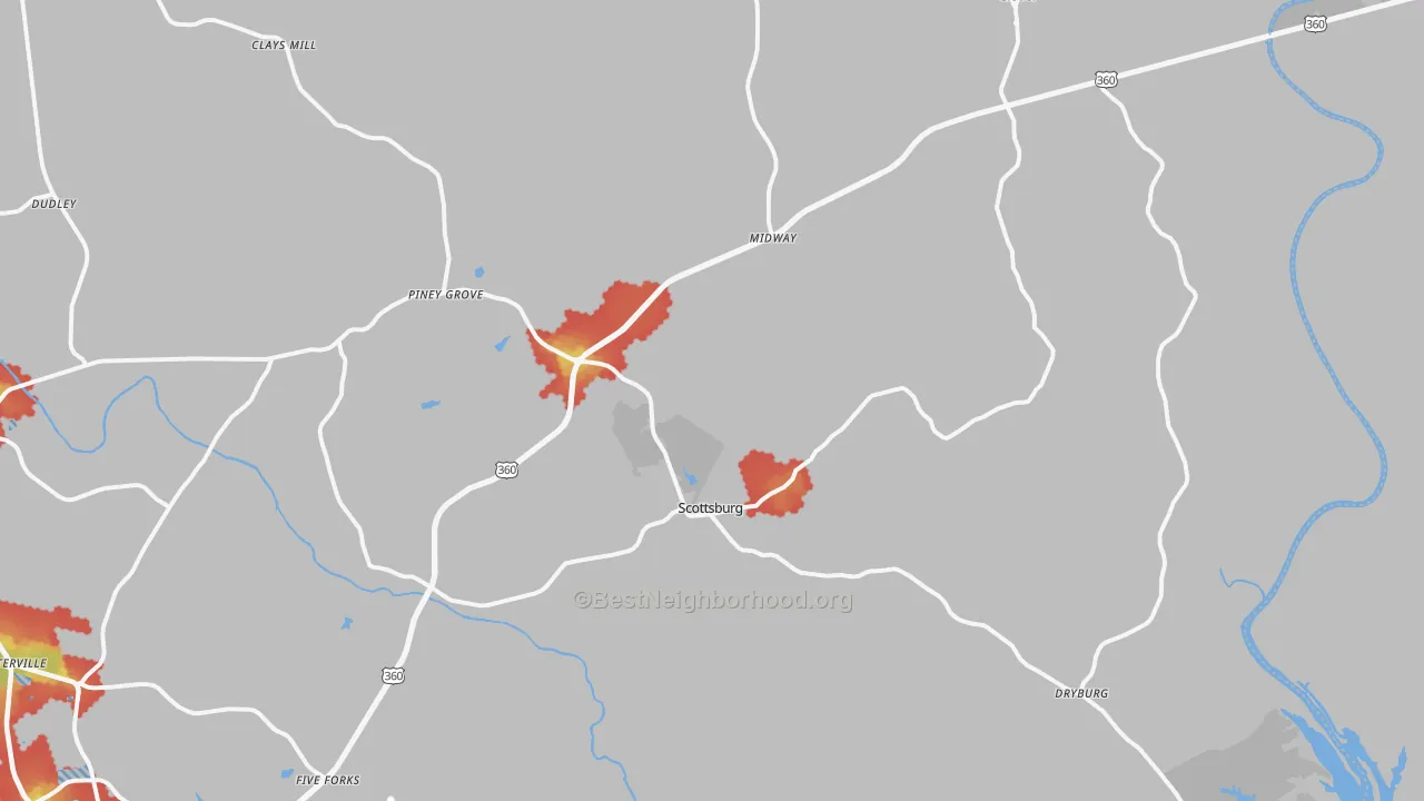Walk Grade map of 24589, VA, walkable areas in green and car-dependent areas in red