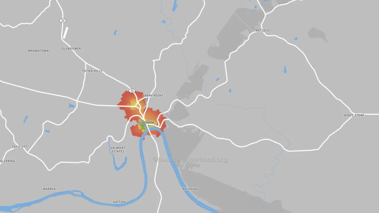 Walk Grade map of 24590, VA, walkable areas in green and car-dependent areas in red