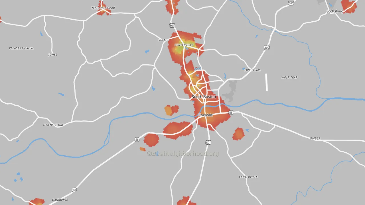 Walk Grade map of 24592, VA, walkable areas in green and car-dependent areas in red