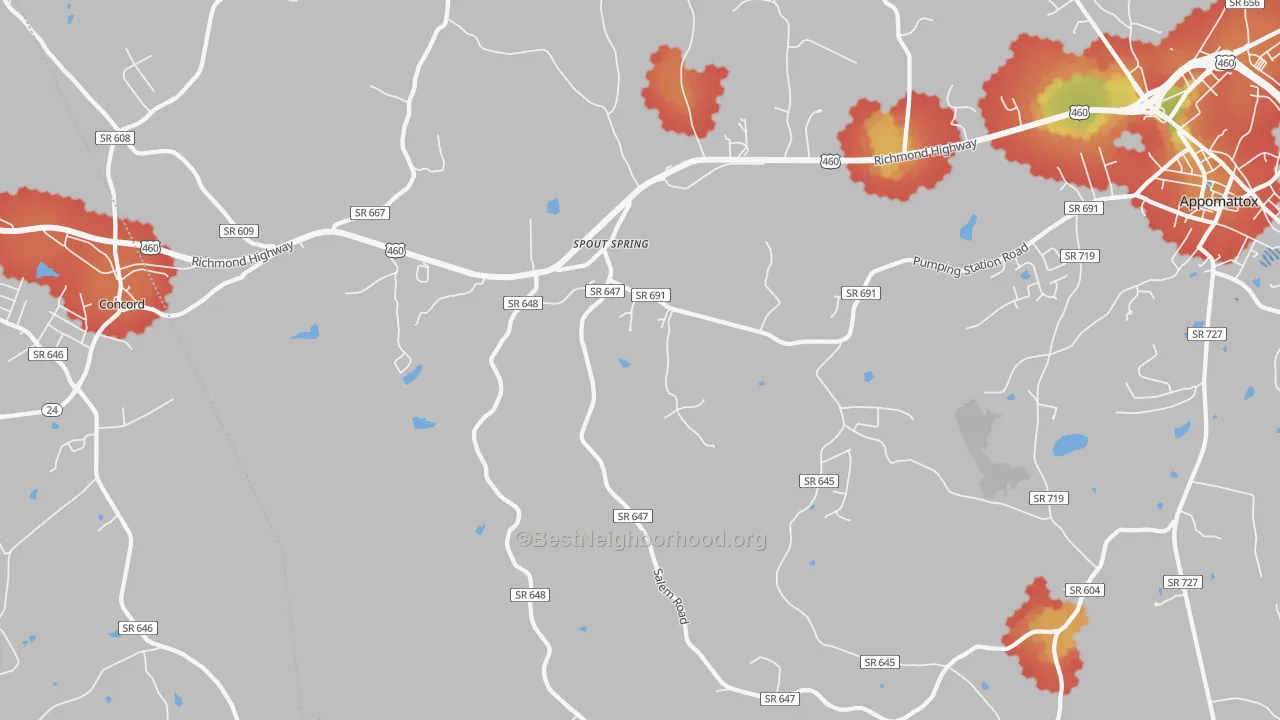 Walk Grade map of 24593, VA, walkable areas in green and car-dependent areas in red