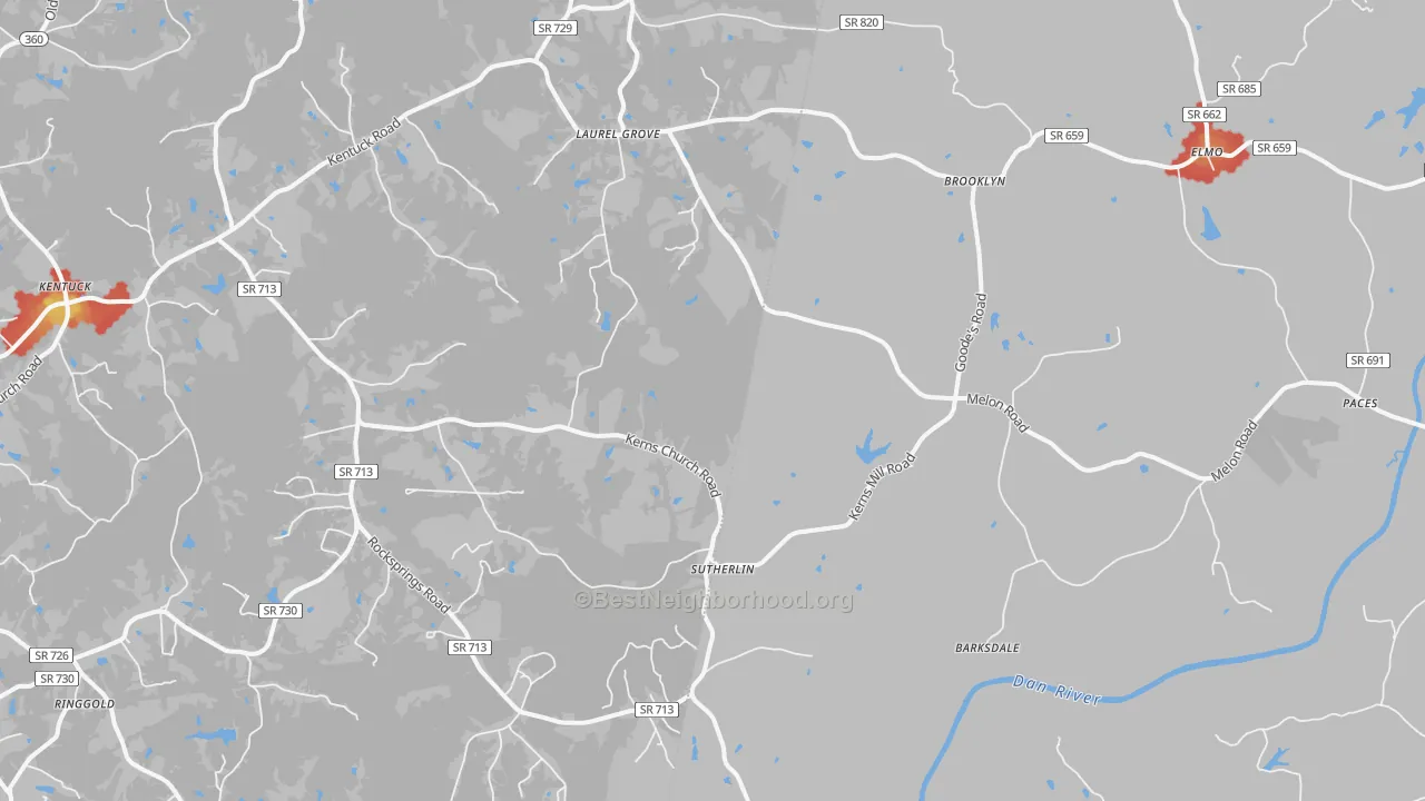 Walk Grade map of 24594, VA, walkable areas in green and car-dependent areas in red