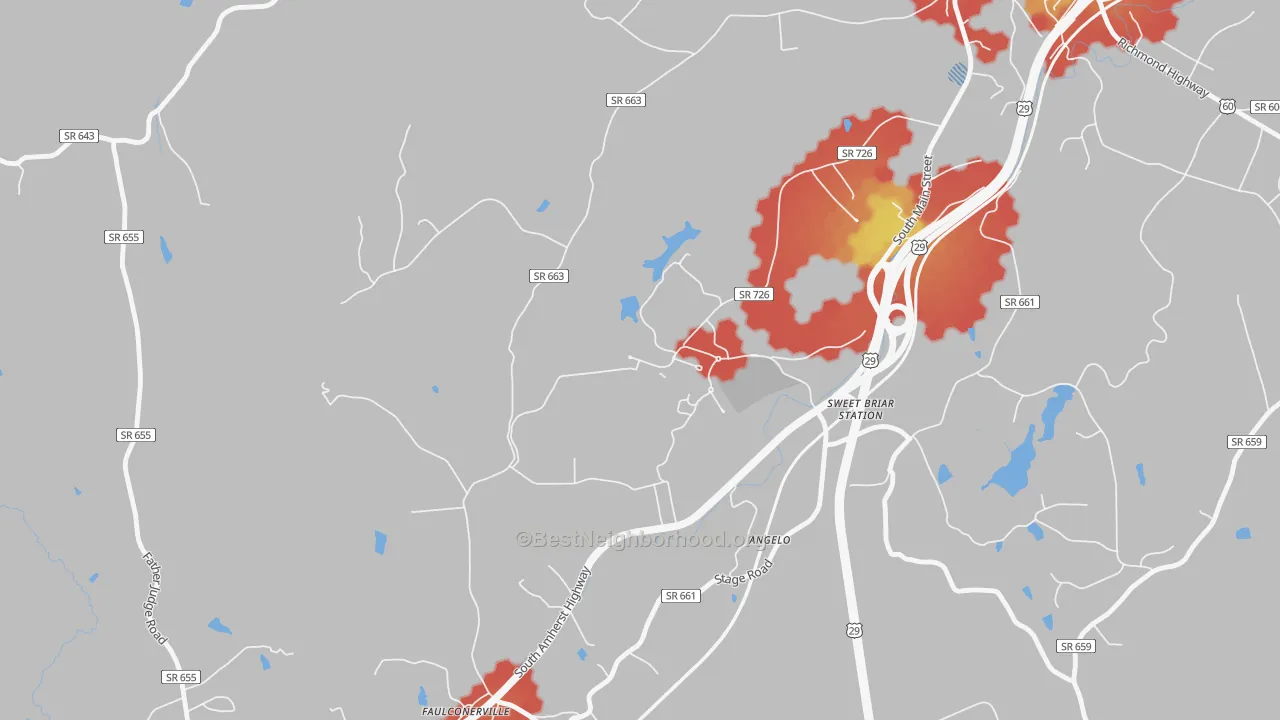 Walk Grade map of 24595, VA, walkable areas in green and car-dependent areas in red