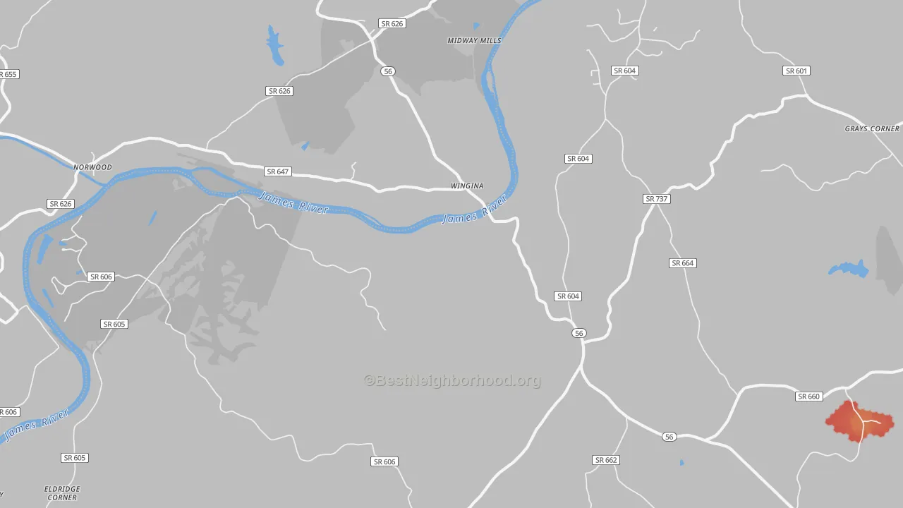 Walk Grade map of 24599, VA, walkable areas in green and car-dependent areas in red