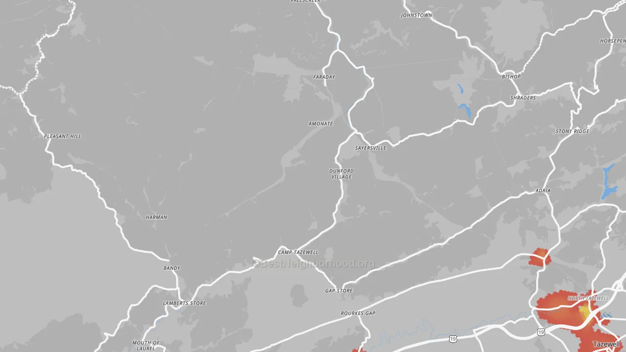 Walk Grade map of 24602, VA, walkable areas in green and car-dependent areas in red