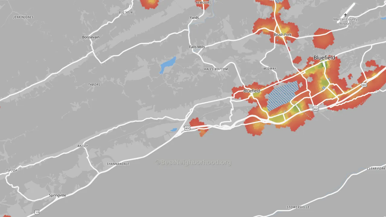 Walk Grade map of 24605, VA, walkable areas in green and car-dependent areas in red