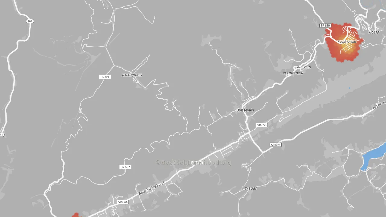 Walk Grade map of 24606, VA, walkable areas in green and car-dependent areas in red