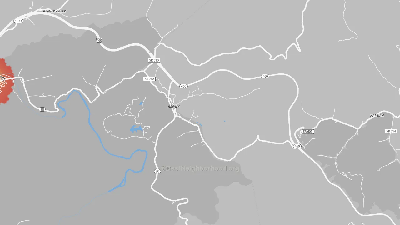Walk Grade map of 24607, VA, walkable areas in green and car-dependent areas in red