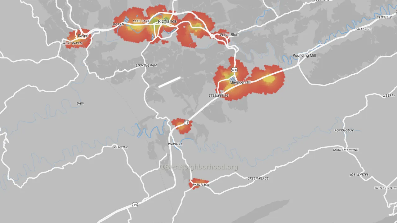 Walk Grade map of 24609, VA, walkable areas in green and car-dependent areas in red