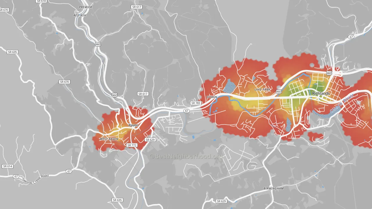 Walk Grade map of 24612, VA, walkable areas in green and car-dependent areas in red