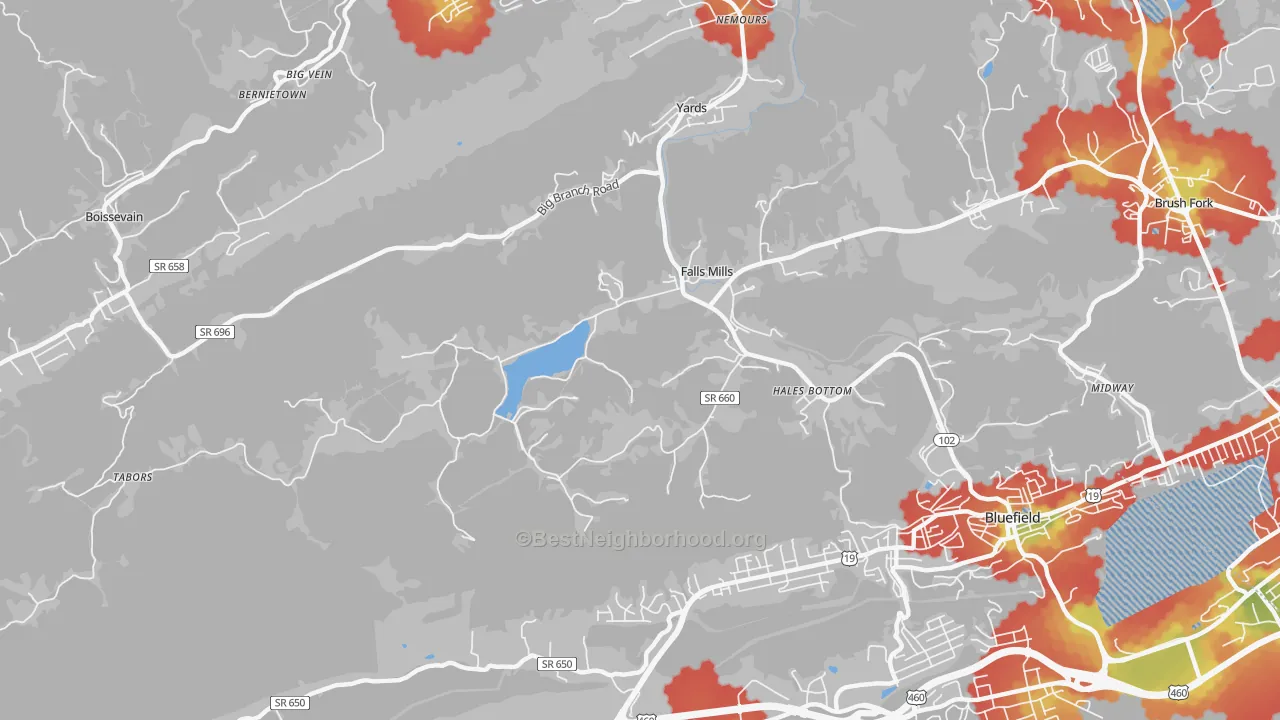 Walk Grade map of 24613, VA, walkable areas in green and car-dependent areas in red