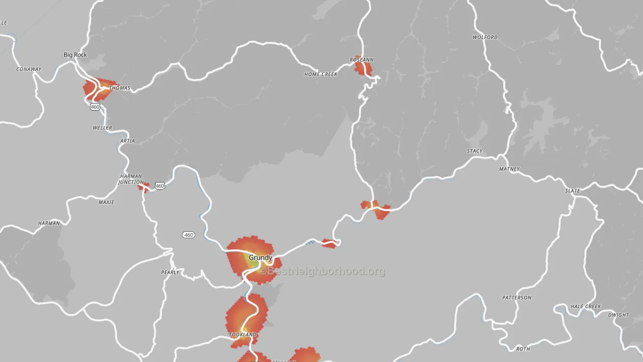 Walk Grade map of 24614, VA, walkable areas in green and car-dependent areas in red