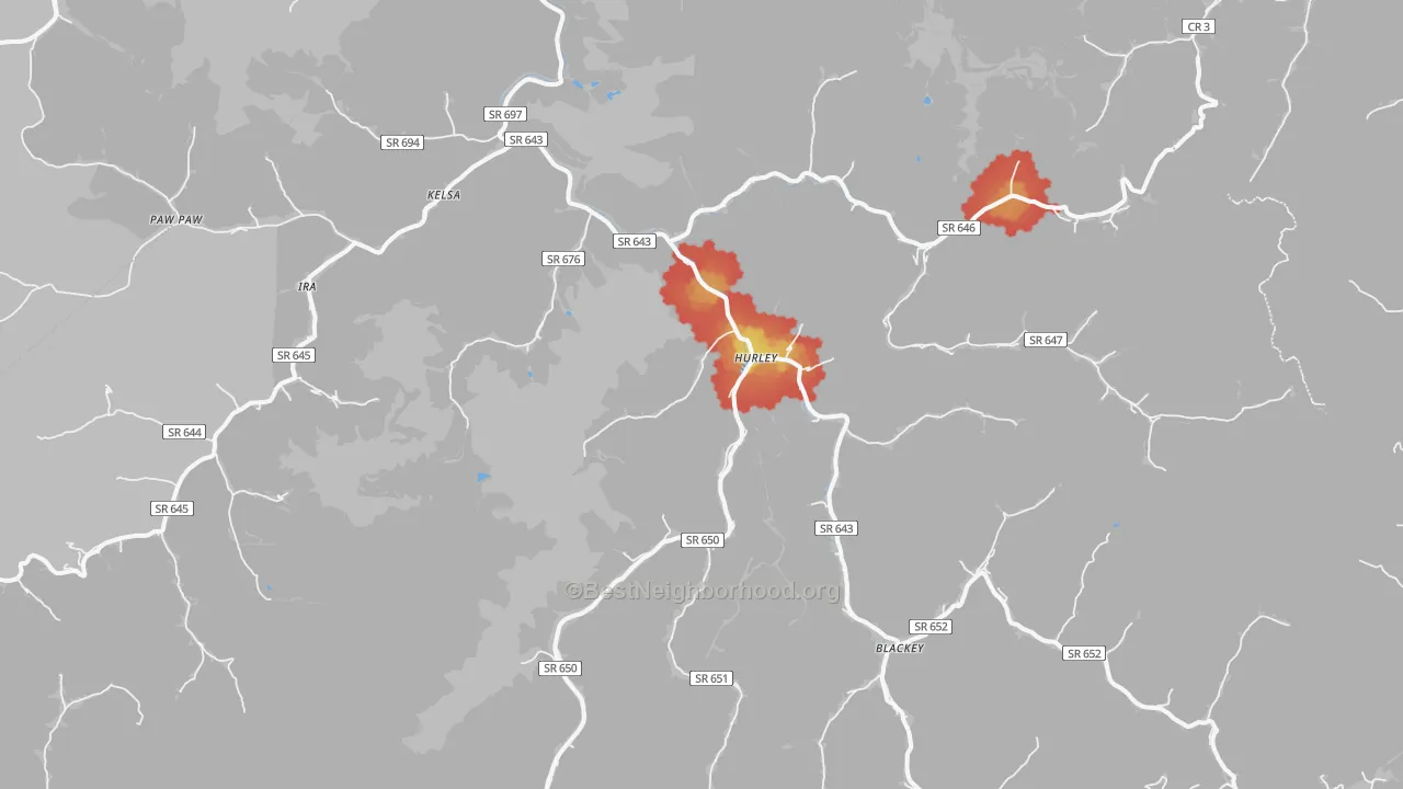 Walk Grade map of 24620, VA, walkable areas in green and car-dependent areas in red