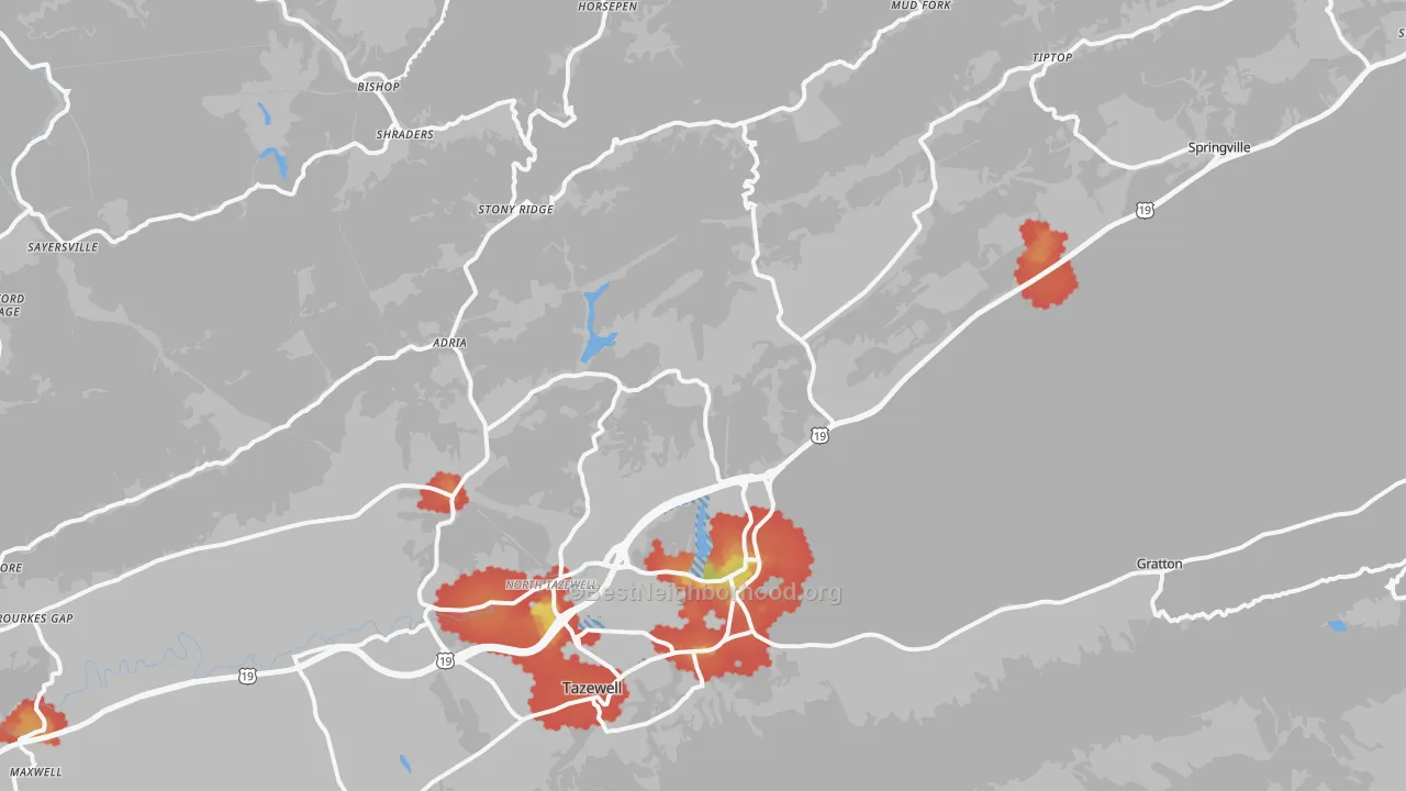 Walk Grade map of 24630, VA, walkable areas in green and car-dependent areas in red