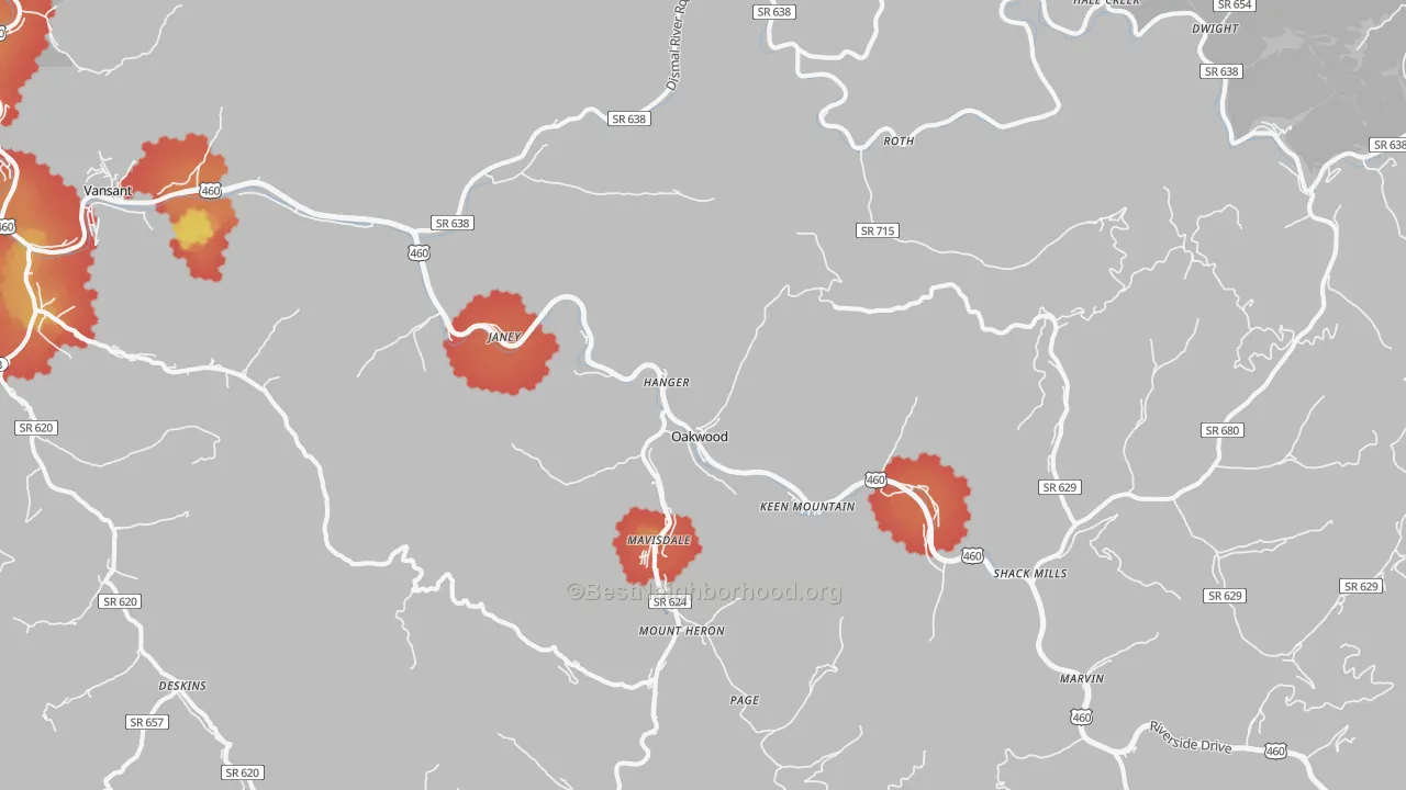Walk Grade map of 24631, VA, walkable areas in green and car-dependent areas in red