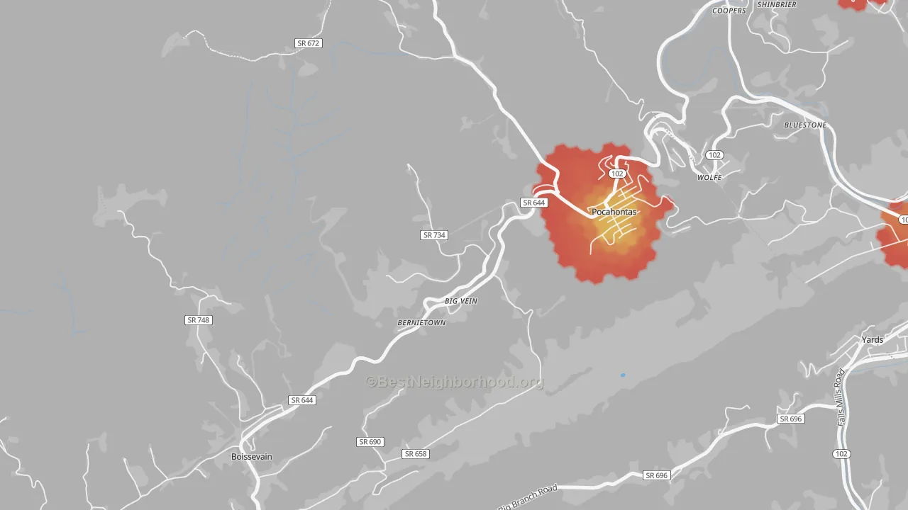 Walk Grade map of 24635, VA, walkable areas in green and car-dependent areas in red