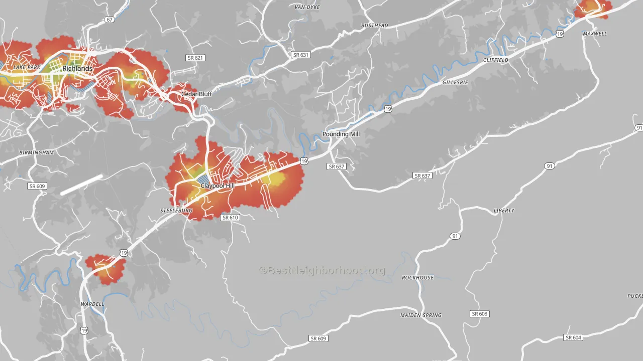 Walk Grade map of 24637, VA, walkable areas in green and car-dependent areas in red