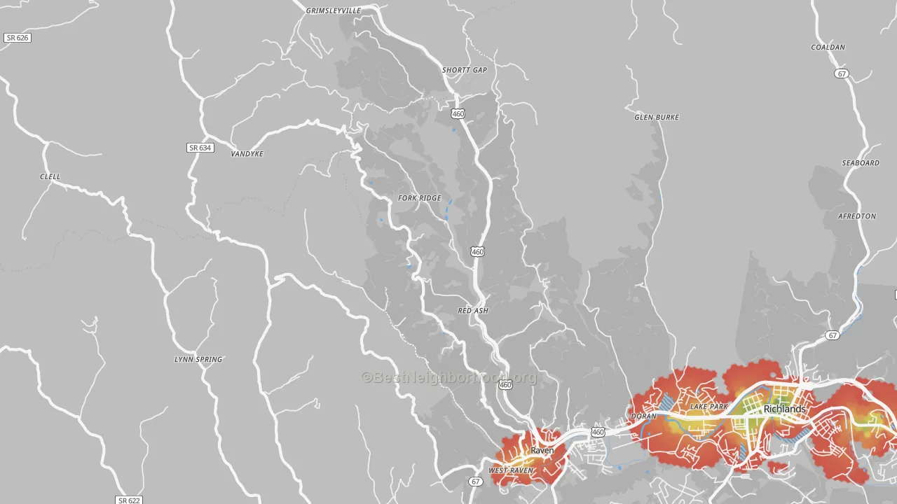 Walk Grade map of 24639, VA, walkable areas in green and car-dependent areas in red