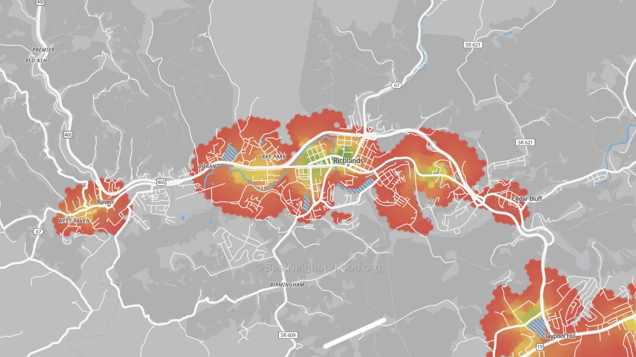 Walk Grade map of 24641, VA, walkable areas in green and car-dependent areas in red
