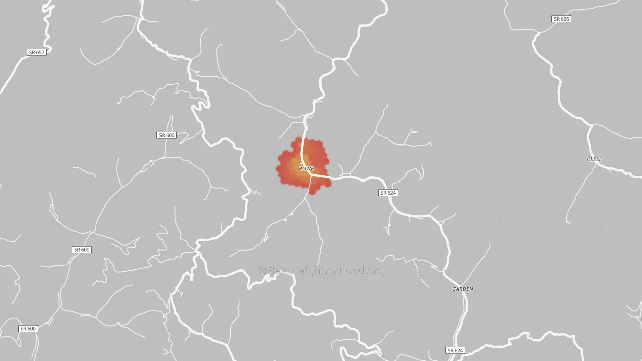 Walk Grade map of 24646, VA, walkable areas in green and car-dependent areas in red