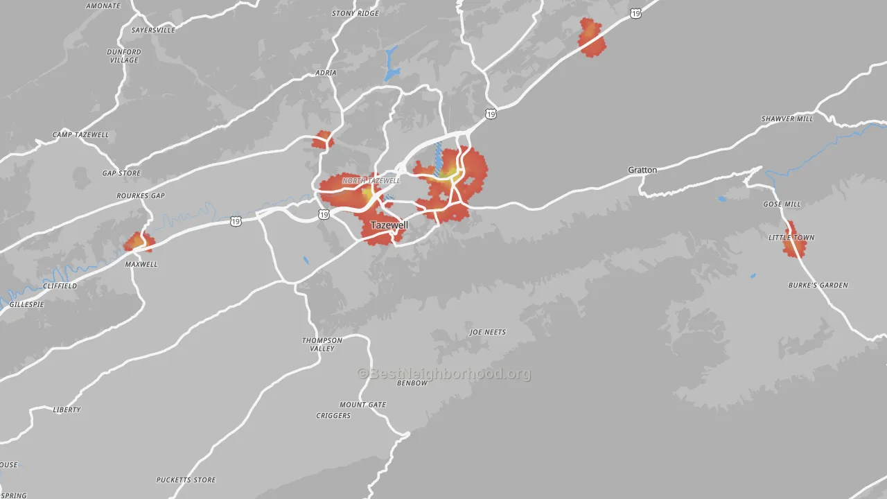 Walk Grade map of 24651, VA, walkable areas in green and car-dependent areas in red