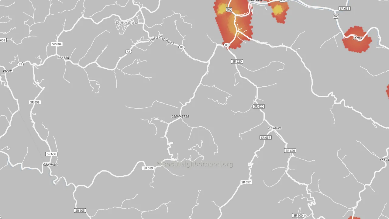 Walk Grade map of 24656, VA, walkable areas in green and car-dependent areas in red