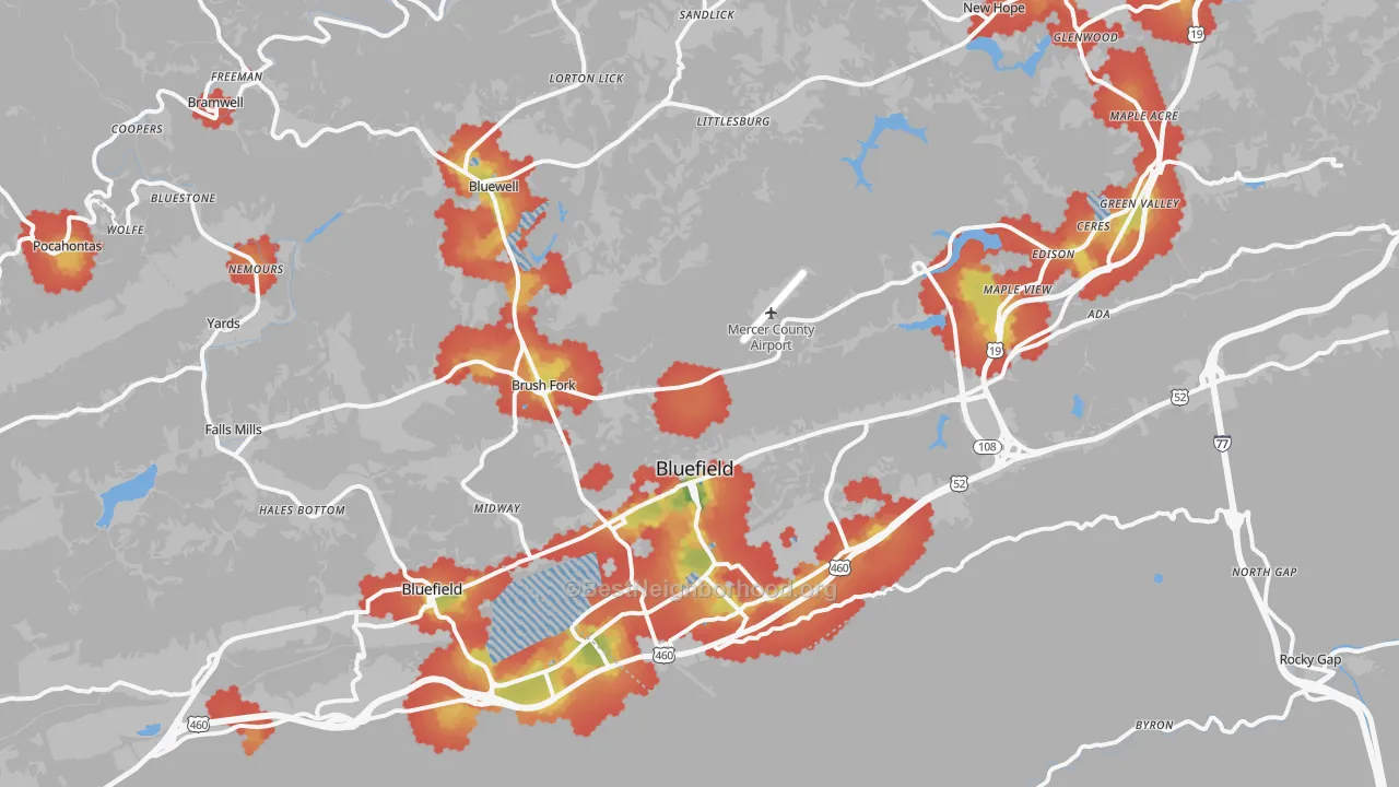 Walk Grade map of 24701, WV, walkable areas in green and car-dependent areas in red