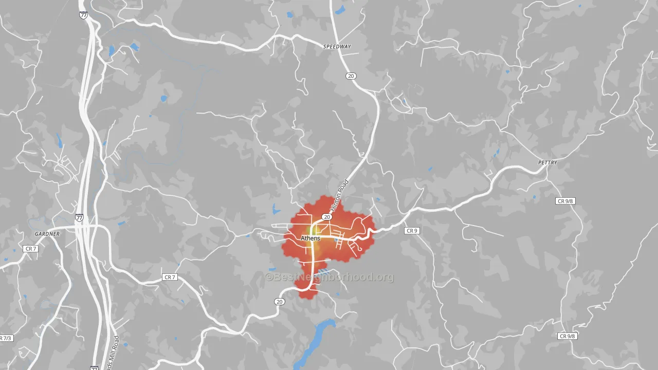 Walk Grade map of 24712, WV, walkable areas in green and car-dependent areas in red