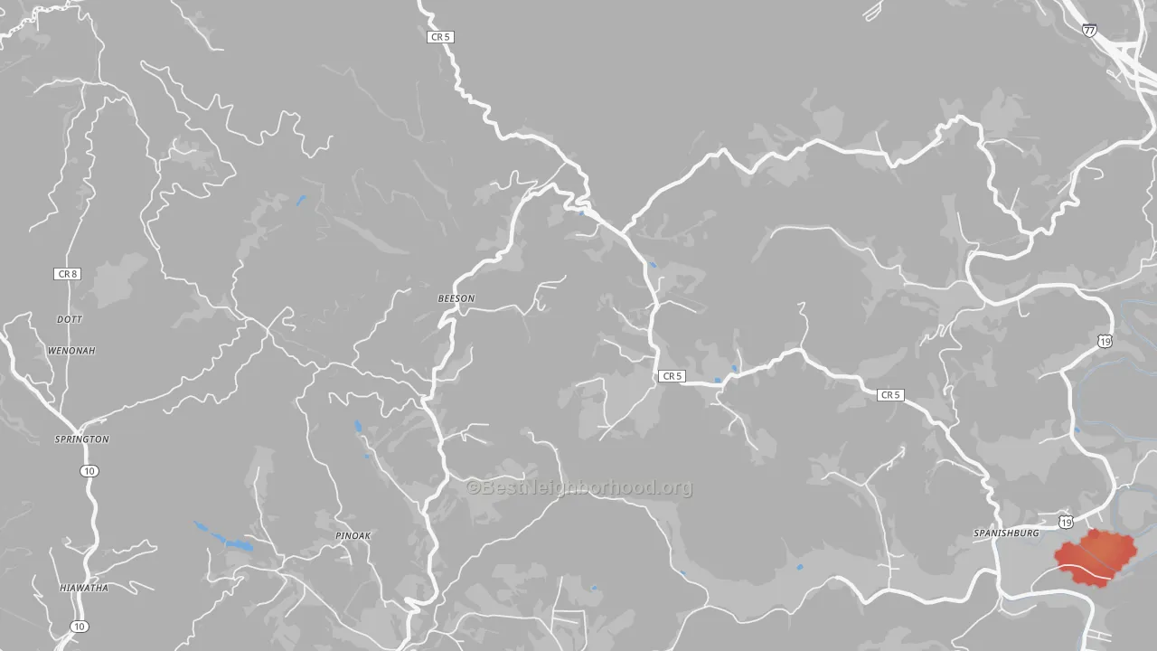 Walk Grade map of 24714, WV, walkable areas in green and car-dependent areas in red
