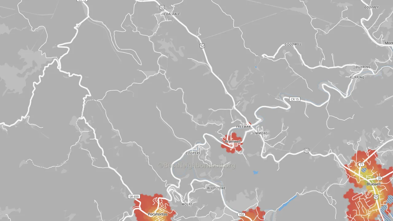 Walk Grade map of 24715, WV, walkable areas in green and car-dependent areas in red
