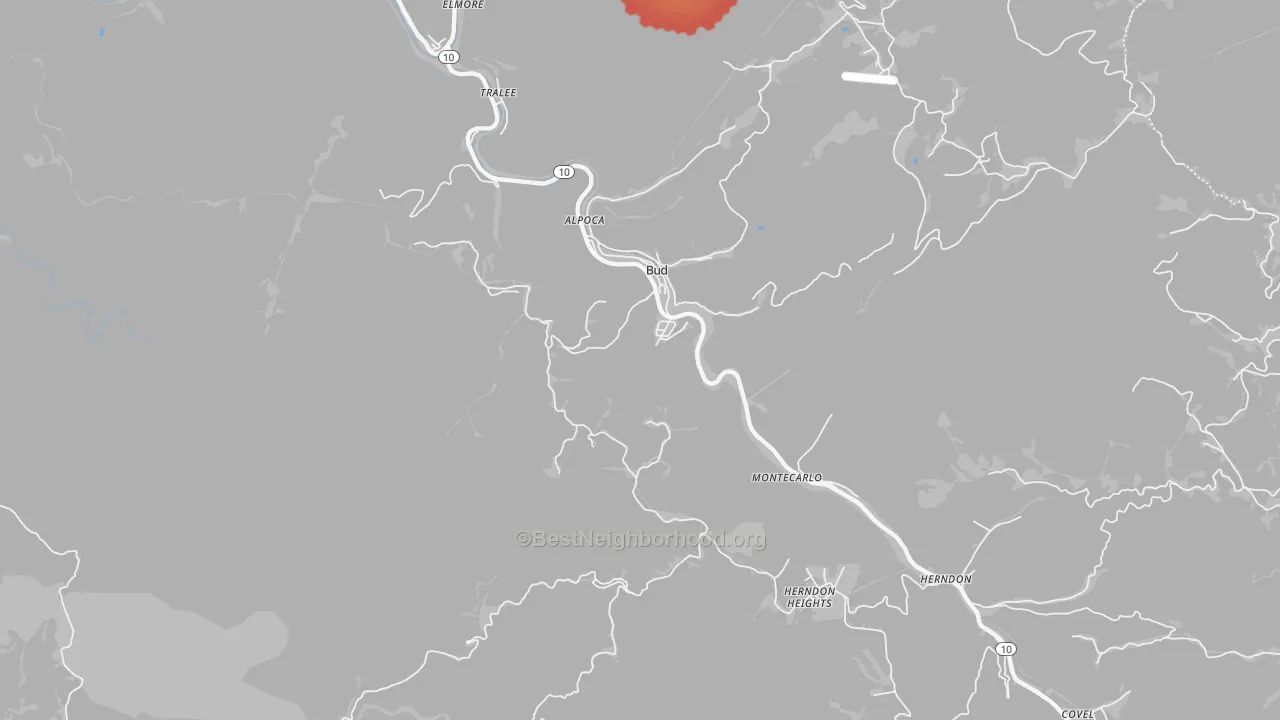 Walk Grade map of 24716, WV, walkable areas in green and car-dependent areas in red