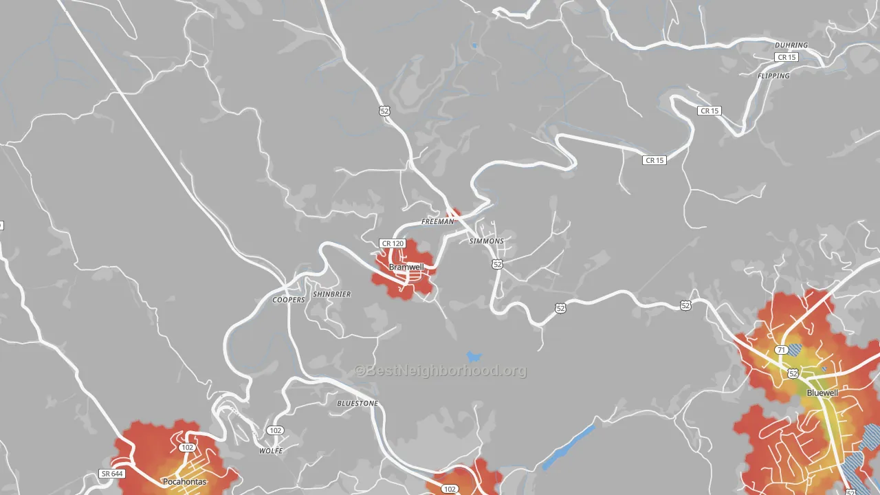 Walk Grade map of 24724, WV, walkable areas in green and car-dependent areas in red