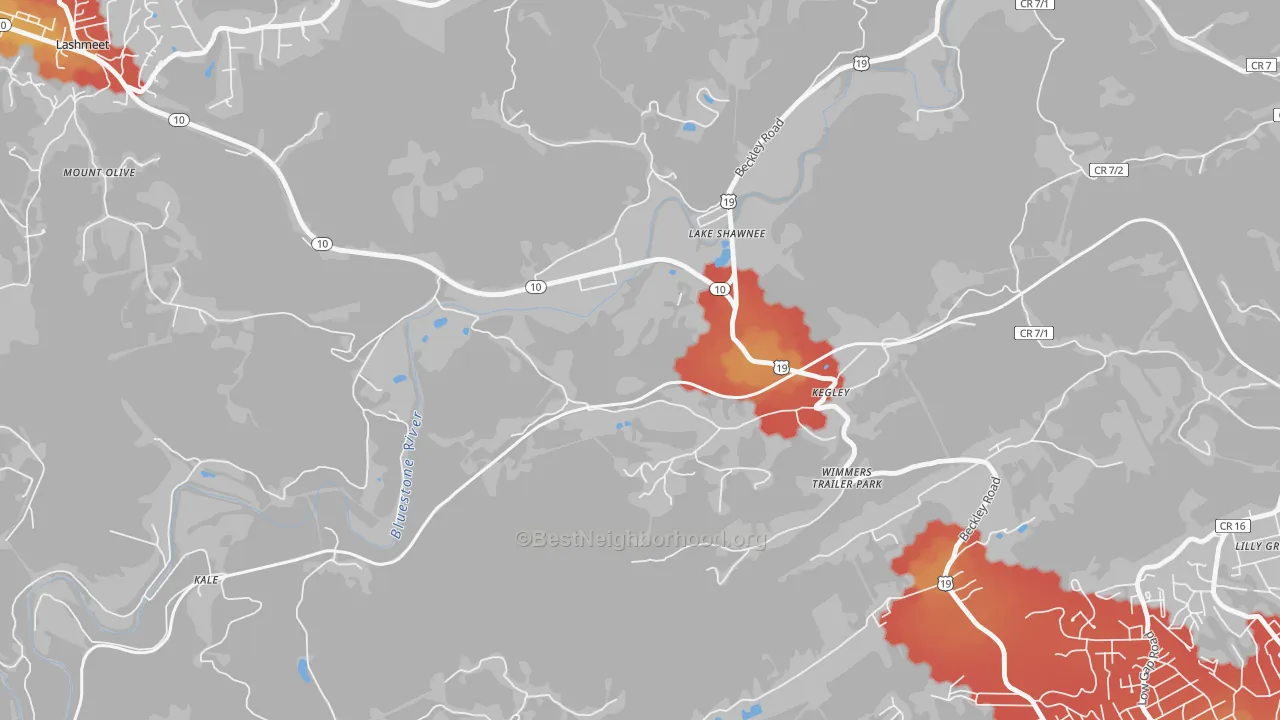 Walk Grade map of 24731, WV, walkable areas in green and car-dependent areas in red